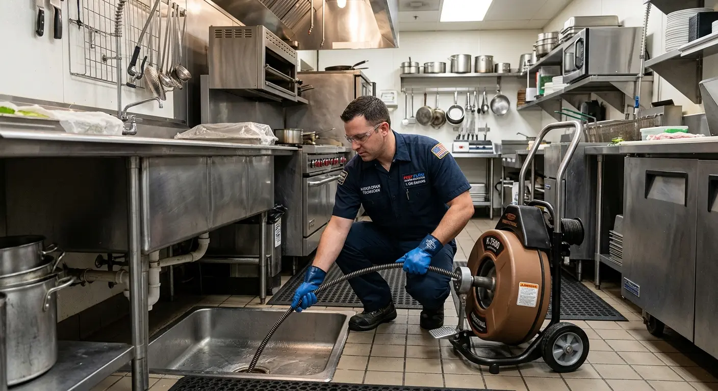 Commercial drain cleaning service in a restaurant kitchen in Thornton