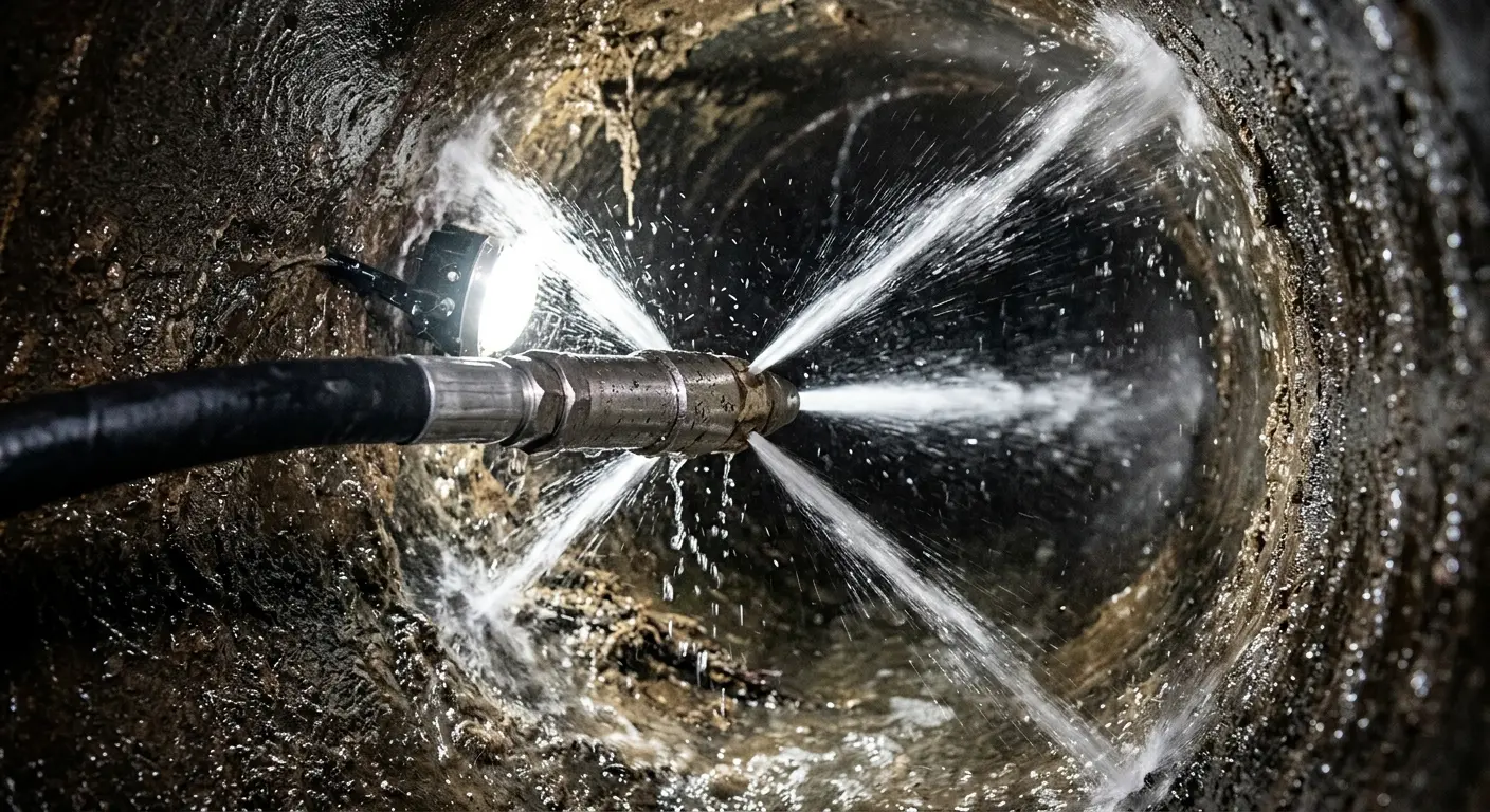 High-pressure hydro jetting nozzle cleaning sewer pipe for Trenchless Sewer Repair in Thornton