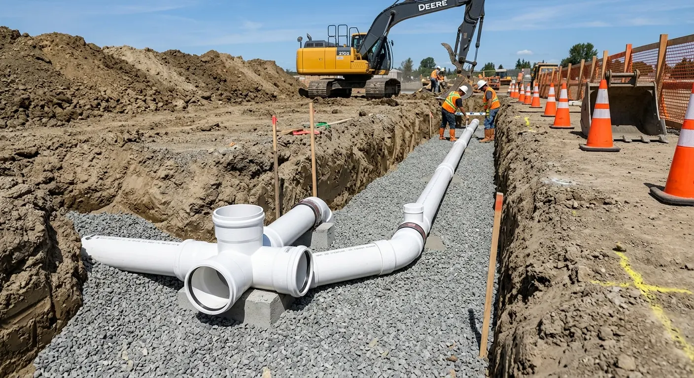 New PVC sewer pipe installation in open trench for Sewer Backup in Thornton