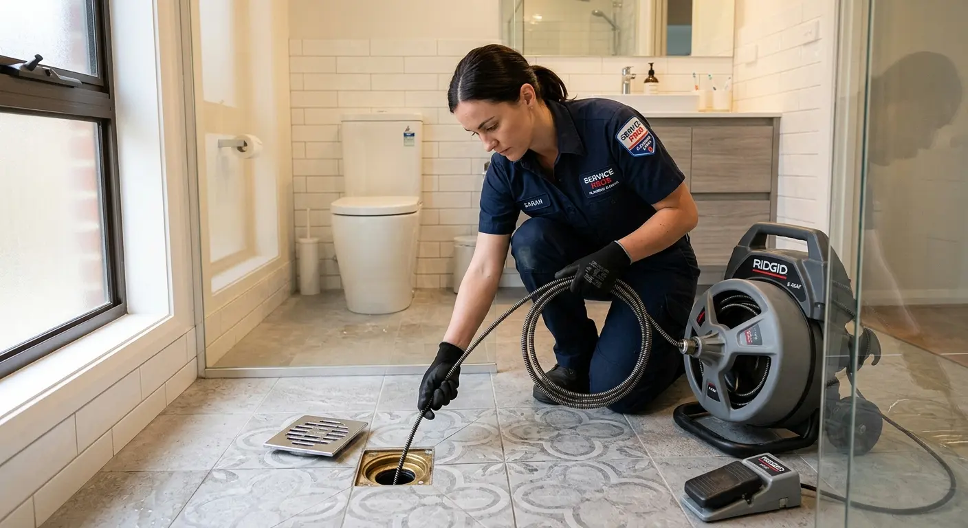 Technician clearing a bathroom floor drain for Drain Cleaning in Thornton